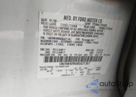 2008 Mercury Sable from USA, damaged, VIN 1MEHM40W68G621361